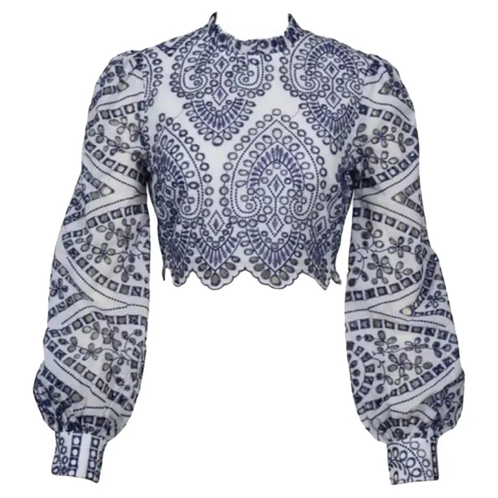 MINKPINK Blue and White Women’s Long Sleeve Eyelet Top Size S